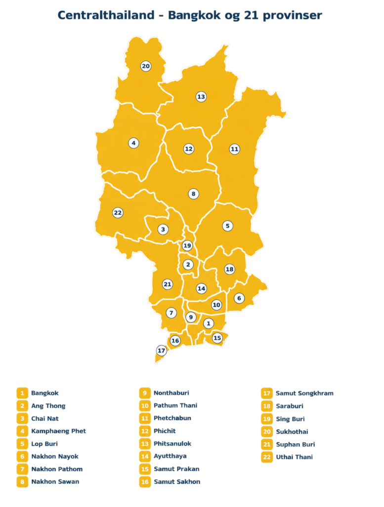Gult kort over Centralthailand med Bangkok og 21 provinser, nummereret fra 1 til 22.