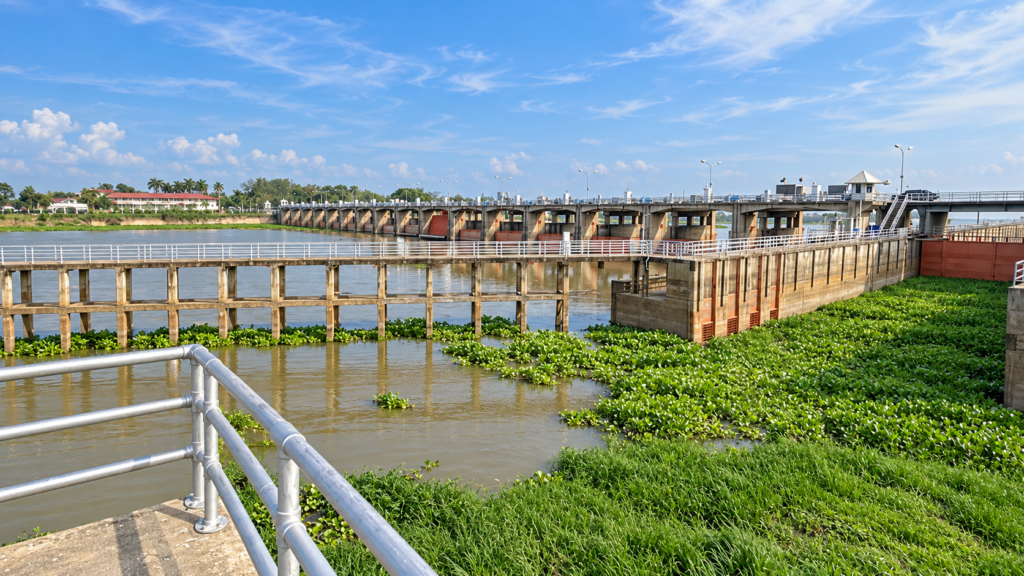 Chao Phraya-dæmningens sluseporte og betonkonstruktioner med roligt flodvand og grøn vegetation langs bredden.
