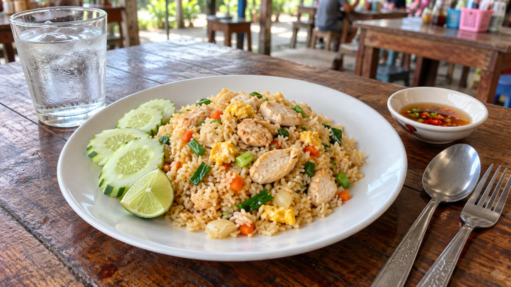 En enkel frokost med stegte ris på et lokalt thailandsk spisested. AI-genereret illustration inspireret af Kamphaeng Phet.