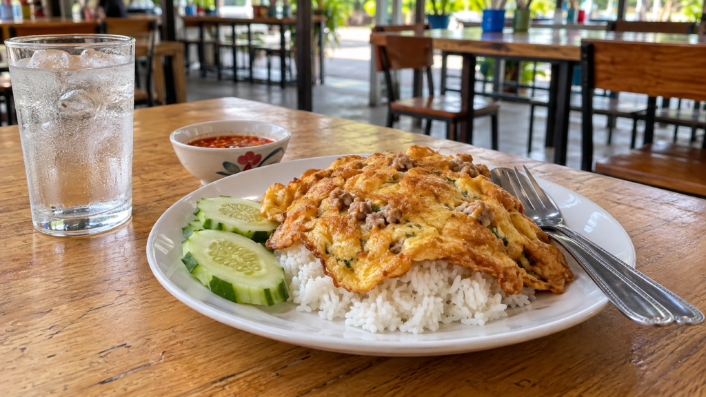 AI-genereret illustration af thailandsk omelet med hakket svinekød, jasminris og agurk på en hvid tallerken på et lyst træbord.
