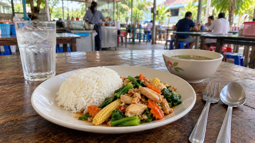 Jasminris med stegt kylling og grøntsager, en skål klar suppe og et glas vand på et bord i et åbent thailandsk spisested.