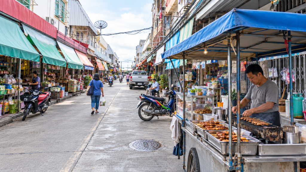 AI-genereret markedsscene inspireret af Nakhon Sawan med en mand ved en grillbod, små butikker og en kvinde på vej gennem gaden.