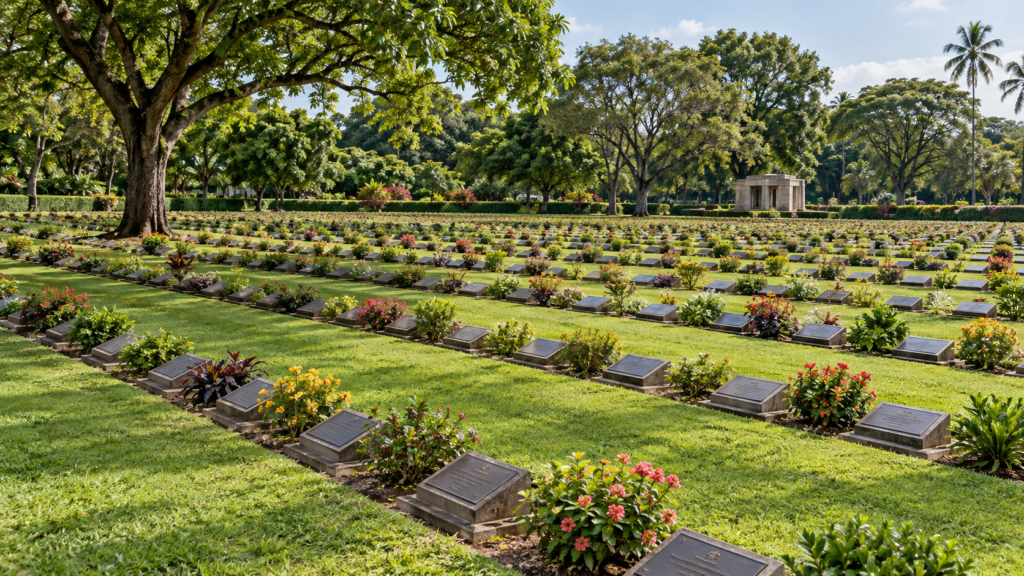 AI-genereret illustration af lave gravplader i lige rækker på en grøn græsplæne ved Kanchanaburi War Cemetery.