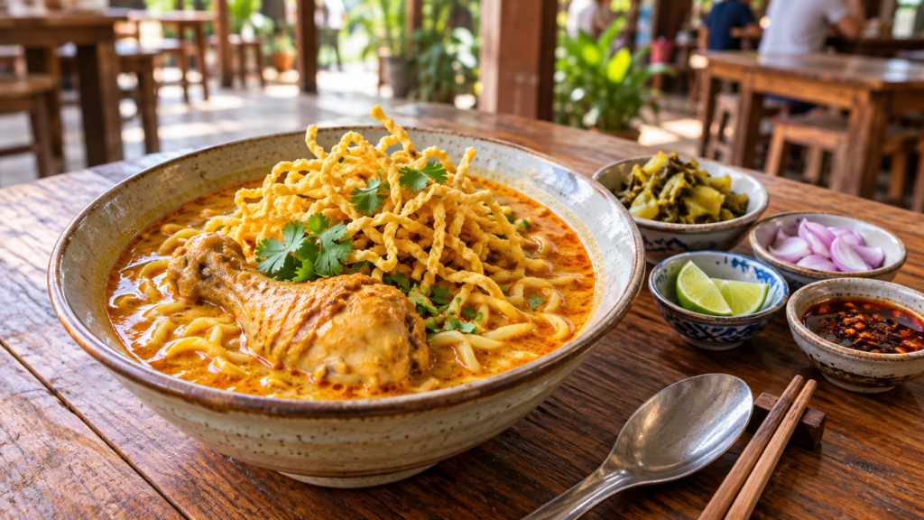 Illustration af khao soi med kylling, karrysuppe og sprøde nudler, serveret med lime og tilbehør.