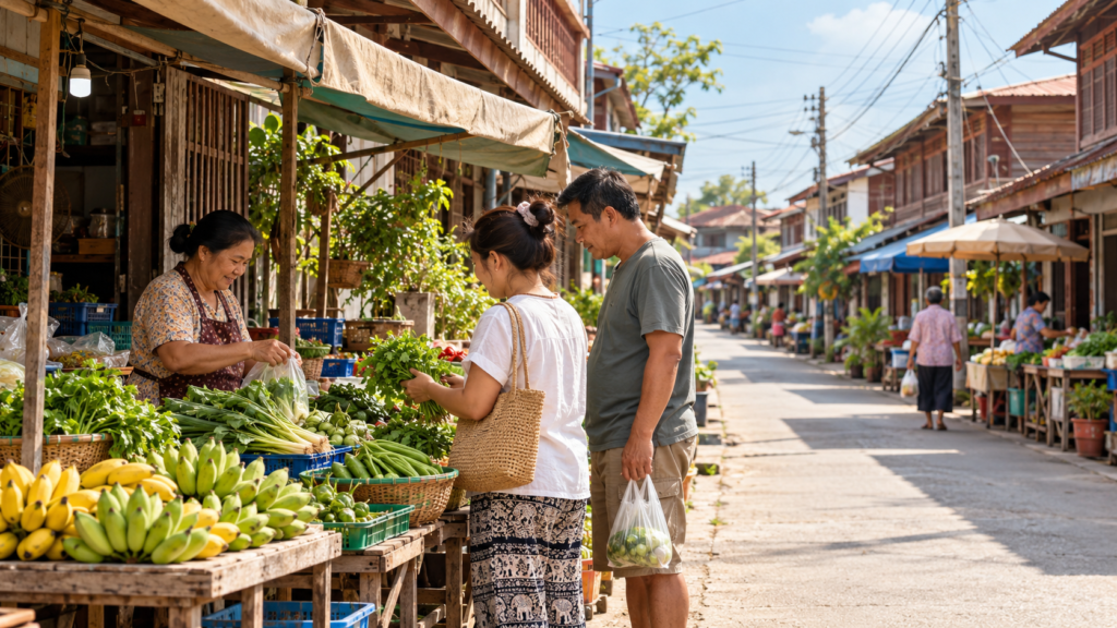 AI-genereret markedsscene inspireret af Kamphaeng Phet med en sælger og to kunder ved en bod med bananer og grøntsager.