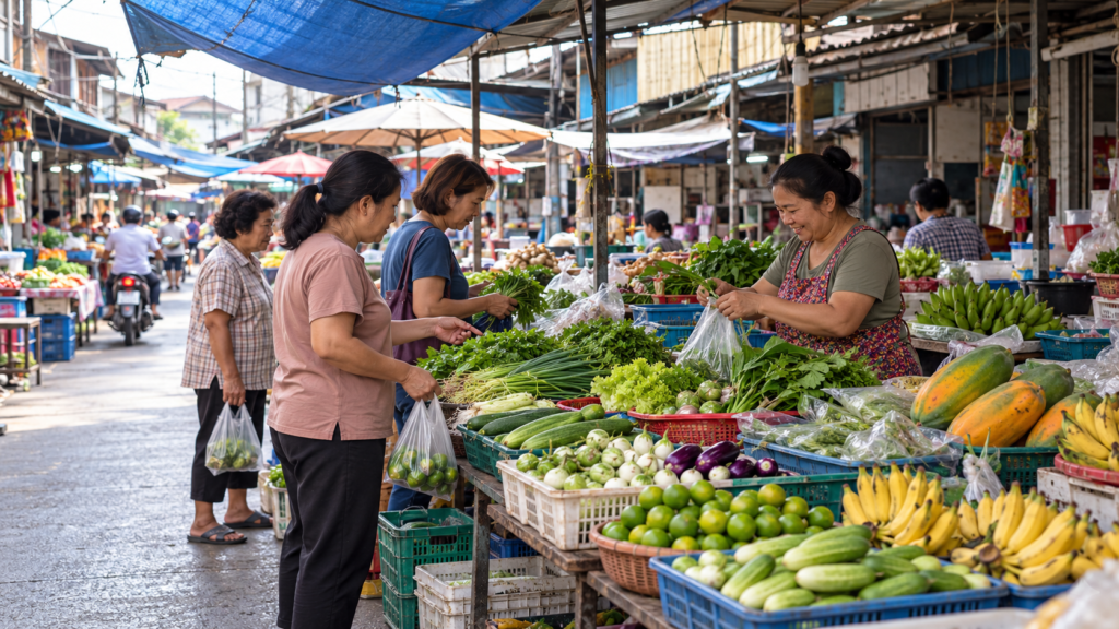 Thailandsk sælger og tre kunder ved en overdækket markedsbod med frugt, grøntsager og friske urter.
