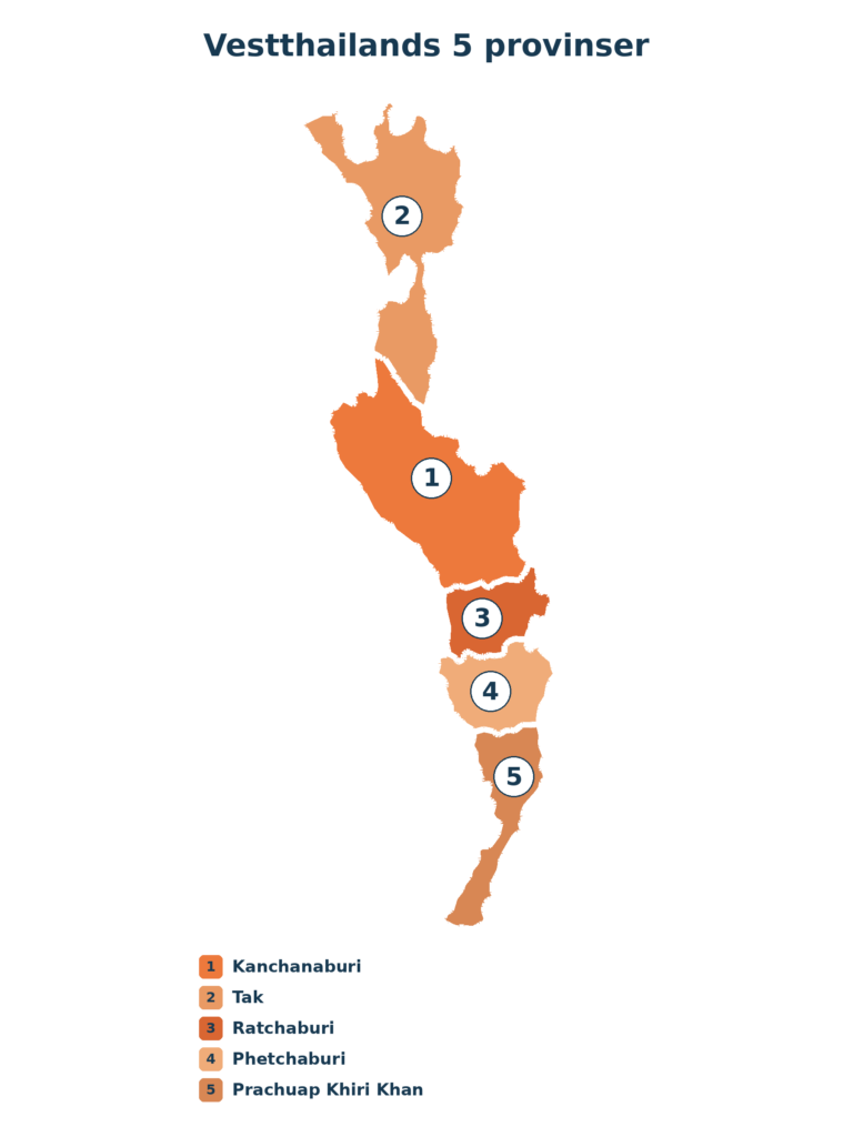 Kort over Vestthailands fem provinser: 1 Kanchanaburi, 2 Tak, 3 Ratchaburi, 4 Phetchaburi og 5 Prachuap Khiri Khan.