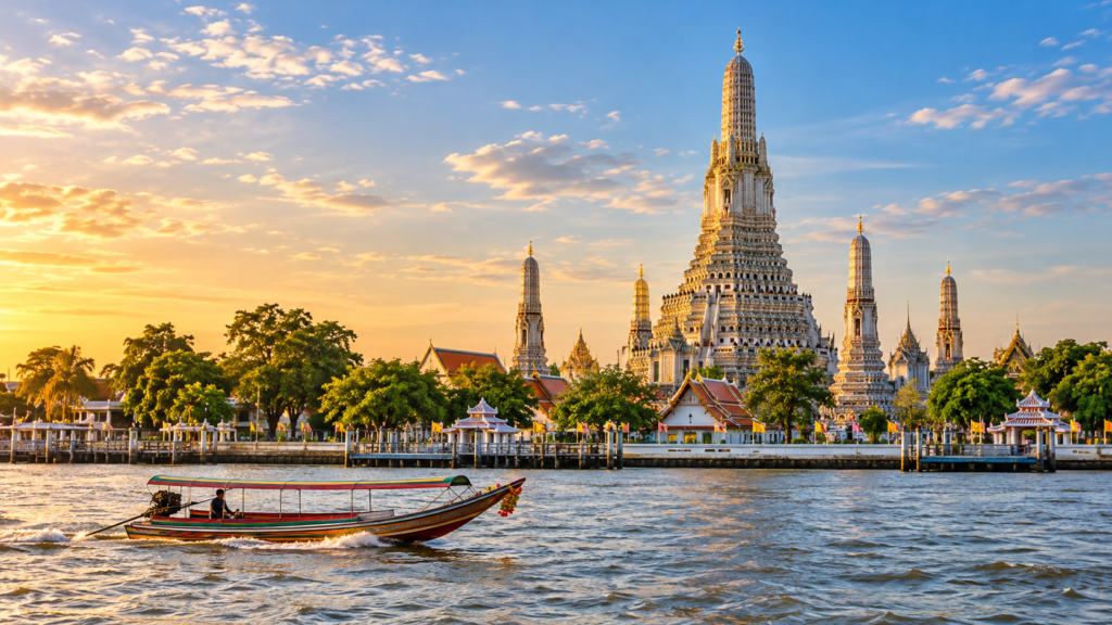 AI-genereret illustration af Wat Arun ved Chao Phraya-floden med en longtailbåd i forgrunden.