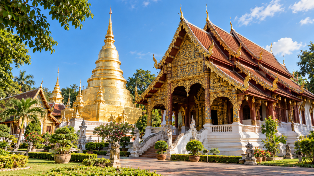 Illustration af Wat Phra Singh med udsmykket tempelfacade, rødt tag og gylden chedi.