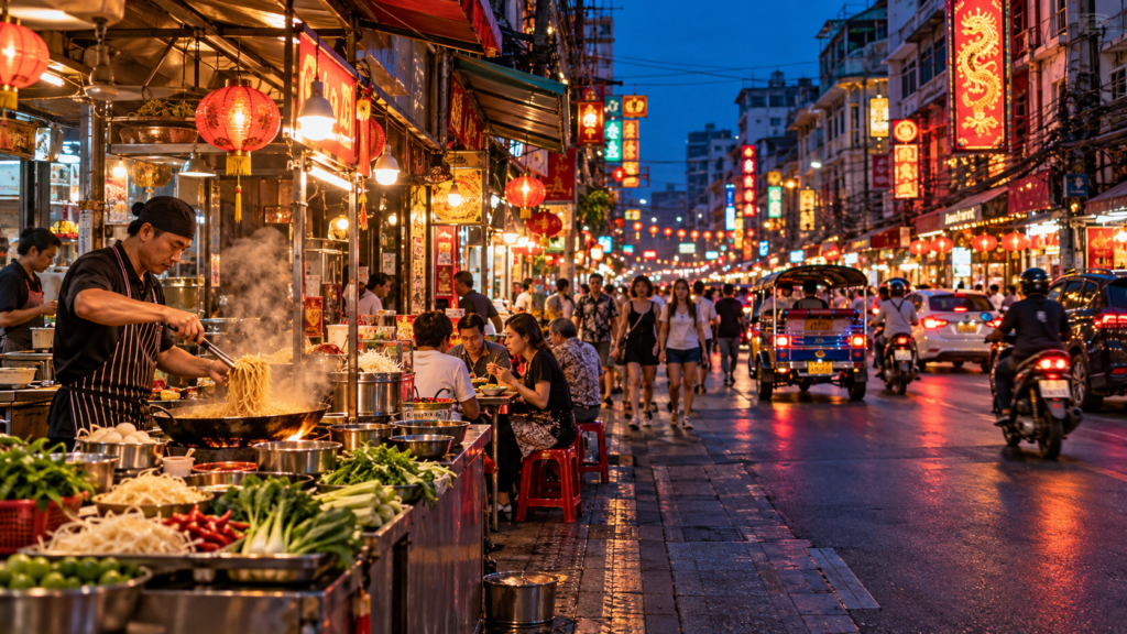 AI-genereret illustration af madboder, spisende gæster og oplyste butikker i Bangkoks Chinatown ved aftenstid.