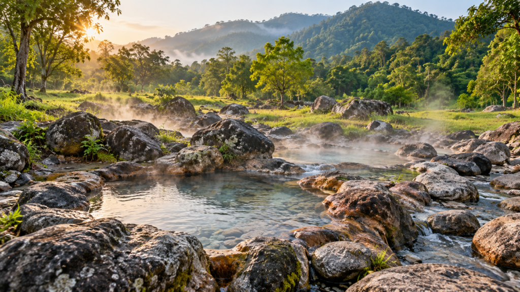 AI-genereret illustration af dampende varme kilder mellem sten og grønne træer i Chae Son Nationalpark i Lampang.