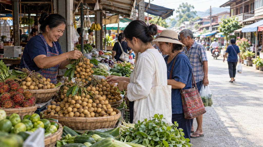 AI-genereret illustration af en sælger og kunder ved en frugtbod med longan, inspireret af Lamphun.