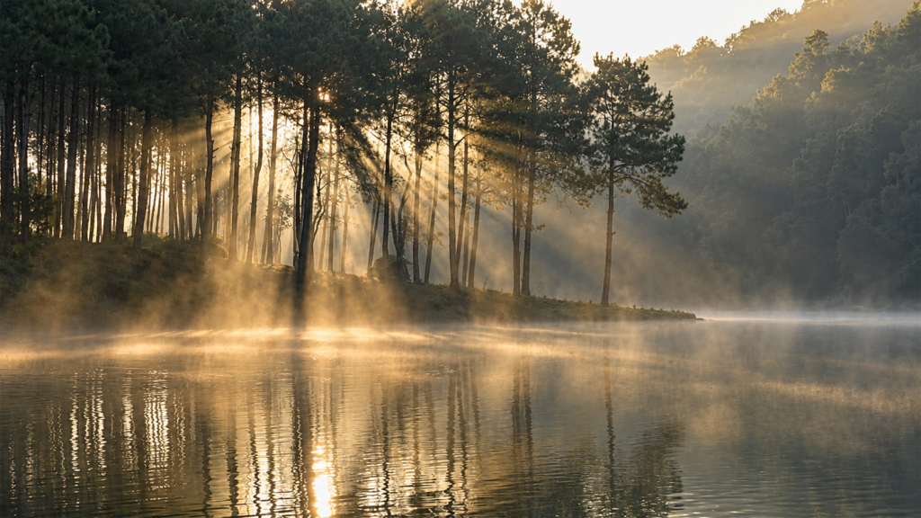 AI-genereret illustration af morgensol og let tåge over søen ved Pang Ung med fyrretræer langs bredden.